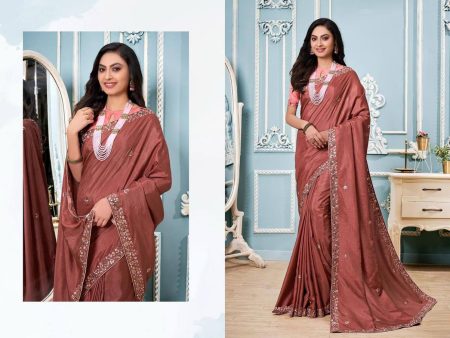 Aastha Fashion Dusty Rose Vichitra Silk Embroidery Threads Work Saree Saree Supply