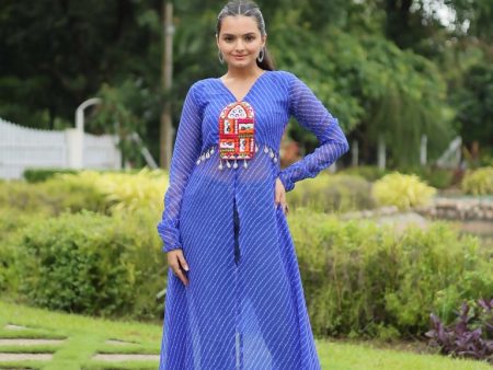 Aastha Fashion Blue Faux Georgette Leheriya Print Work With Kutchi Patchwork Kurta For Sale