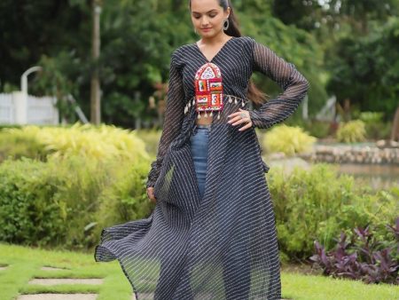 Aastha Fashion Black Faux Georgette Leheriya Print Work With Kutchi Patchwork Kurta For Discount