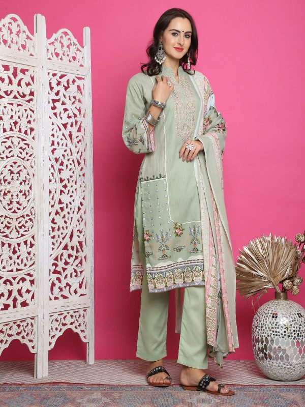 Aastha Fashion Green Cotton Allover Floral Digital Print With Contrast Floral Resham Thread Work Suit Set on Sale