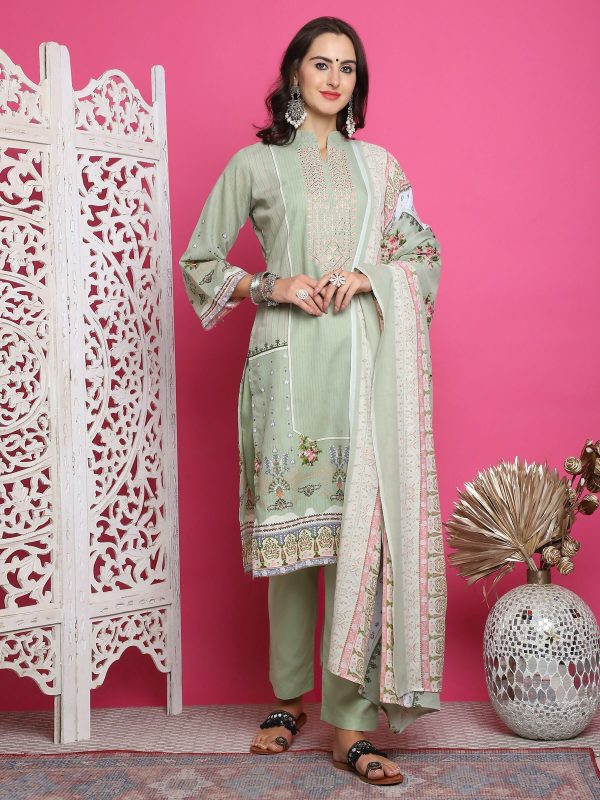 Aastha Fashion Green Cotton Allover Floral Digital Print With Contrast Floral Resham Thread Work Suit Set on Sale