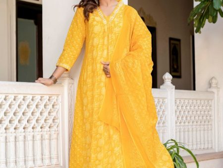 Aastha Fashion Yellow Cotton Embroidery & Printed Anarkali Suit Online