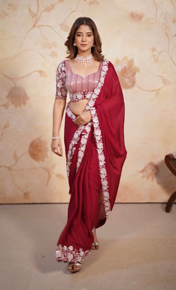 Aastha Fashion Red Satin Chiffon Beautiful Sequins Embroidery Work Saree Online Hot Sale