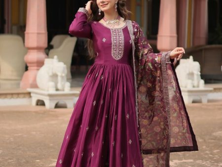 Aastha Fashion Wine Chinon Sequins Embroidered Work Gown Online