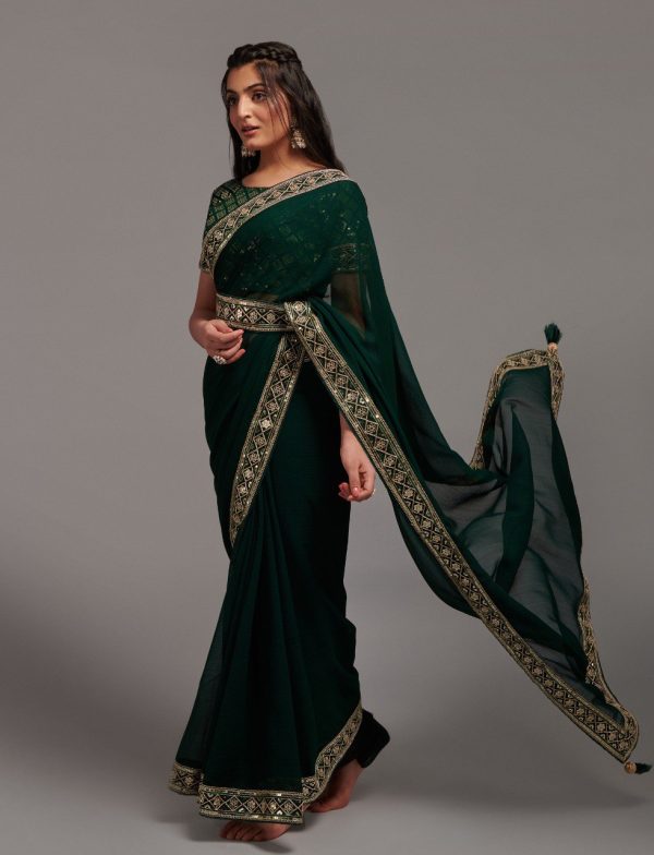 Aastha Fashion Green Heavy Chinon Embroidery Work Belt Attached Saree Hot on Sale