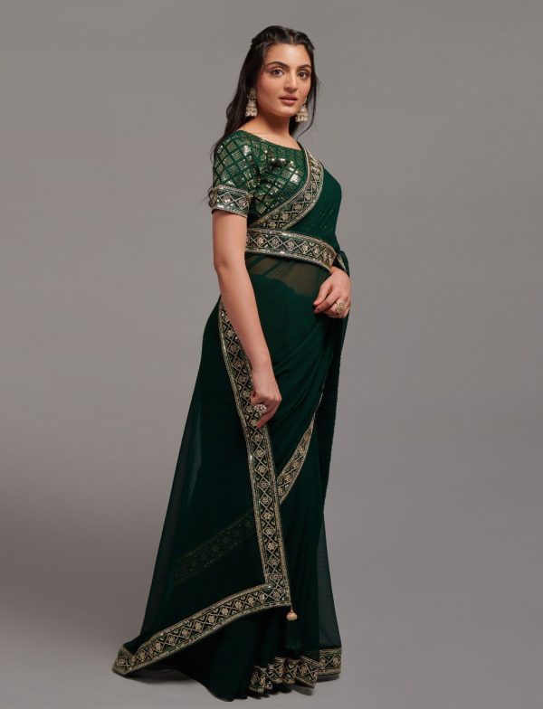 Aastha Fashion Green Heavy Chinon Embroidery Work Belt Attached Saree Hot on Sale