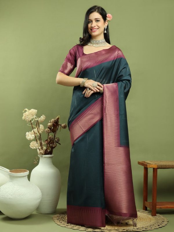 Aastha Fashion Teal Silk Blend Weaving Saree For Discount