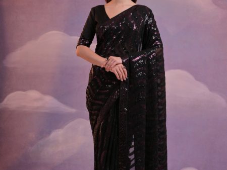 Aastha Fashion Black Soft Georgette Beautiful Dual Sequence Embroidery Saree Supply