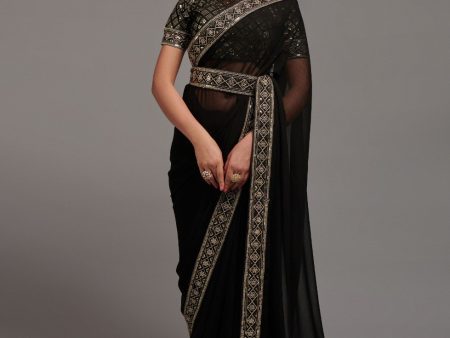 Aastha Fashion Black Heavy Chinon Embroidery Work Belt Attached Saree Discount