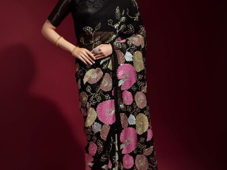 Aastha Fashion Black Georgette Sequence Embroidery Saree Cheap