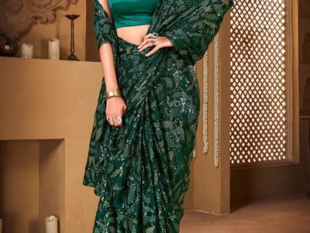 Aastha Fashion Green Soft Georgette Sequance Embroidery Saree Cheap