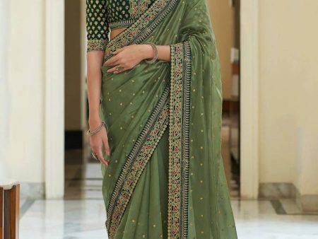 Aastha Fashion Green Orgenza Silk Embroidery Saree Hot on Sale