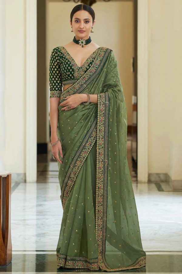 Aastha Fashion Green Orgenza Silk Embroidery Saree Hot on Sale