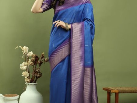 Aastha Fashion Blue Silk Blend Weaving Saree Hot on Sale