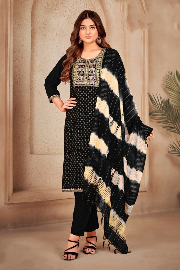 Aastha Fashion Black 14kg Rayon Heavy Embroidery Suit Set Online now