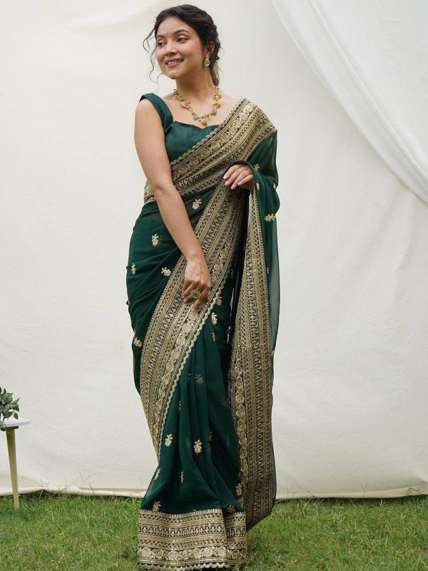 Aastha Fashion Green Georgette Embroidery Work Lace Border With Whole Sarees Butta Work Saree Online