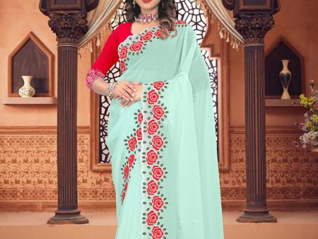 Aastha Fashion Aqua Soft Georgette Multi Thread Embroidery Saree For Cheap