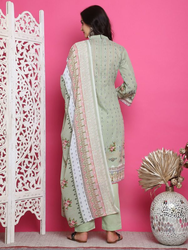 Aastha Fashion Green Cotton Allover Floral Digital Print With Contrast Floral Resham Thread Work Suit Set on Sale