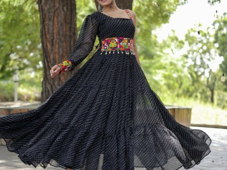 Aastha Fashion Black Faux Georgette Kutchi Gamthi Work Gown Sale