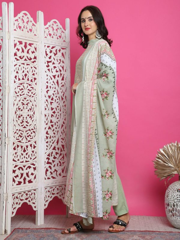 Aastha Fashion Green Cotton Allover Floral Digital Print With Contrast Floral Resham Thread Work Suit Set on Sale