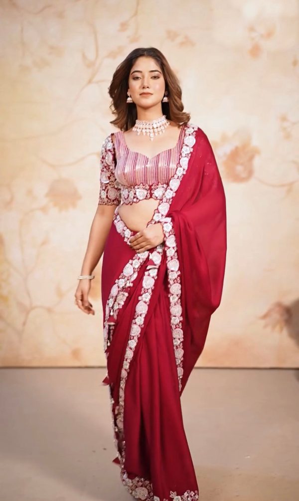 Aastha Fashion Red Satin Chiffon Beautiful Sequins Embroidery Work Saree Online Hot Sale