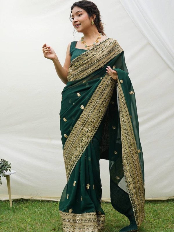 Aastha Fashion Green Georgette Embroidery Work Lace Border With Whole Sarees Butta Work Saree Online