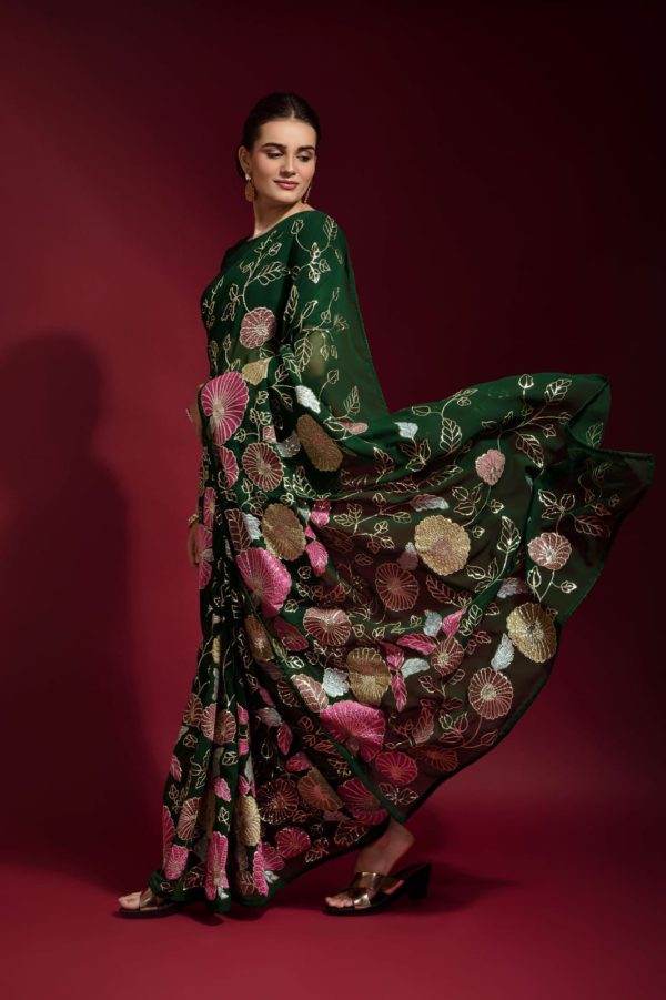 Aastha Fashion Green Georgette Sequence Embroidery Saree For Sale