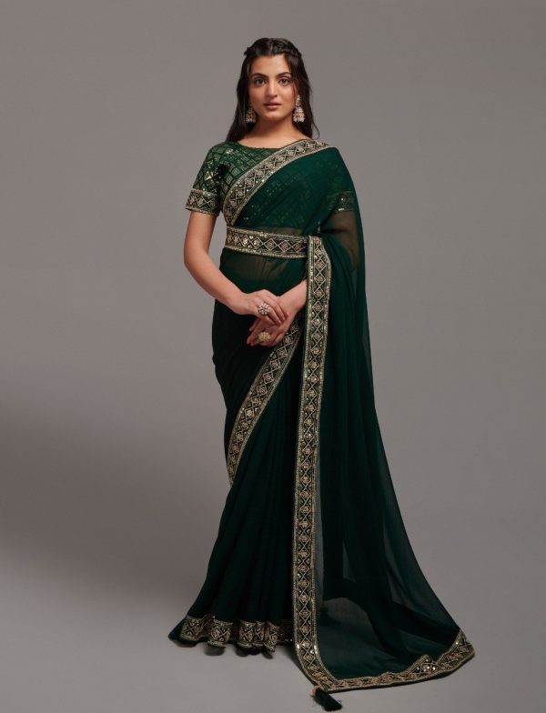 Aastha Fashion Green Heavy Chinon Embroidery Work Belt Attached Saree Hot on Sale