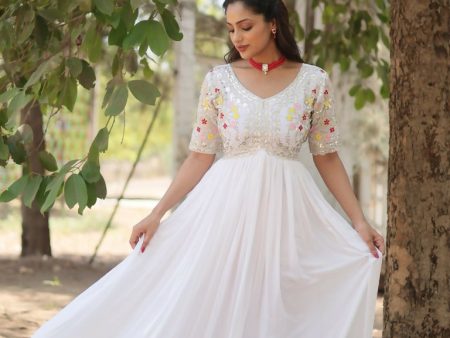 Aastha Fashion White Faux Georgette Kutchi Gamthi Work Gown For Sale