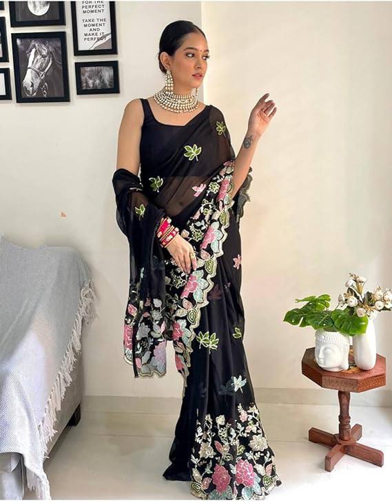 Aastha Fashion Black Heavy Georgette 3 Mm Sequence Saree on Sale