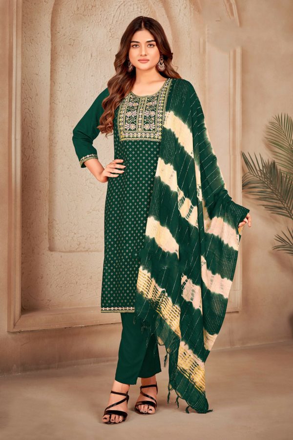 Aastha Fashion Green 14kg Rayon Heavy Embroidery Suit Set Sale