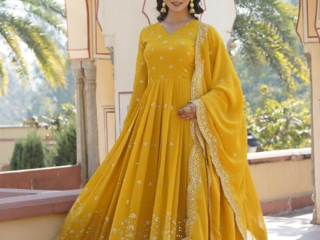 Aastha Fashion Yellow Faux Georgette Printed Gown Hot on Sale