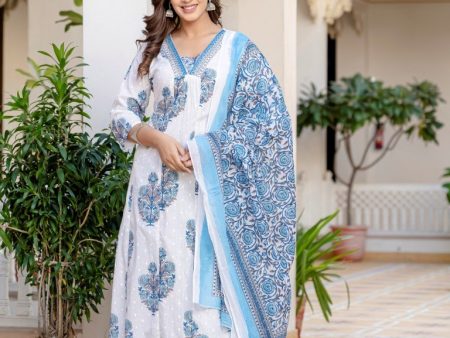 Aastha Fashion Blue Cotton Embroidery & Printed Anarkali Suit Online Hot Sale